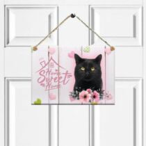 Fekete cicás ajtótábla - home sweet home